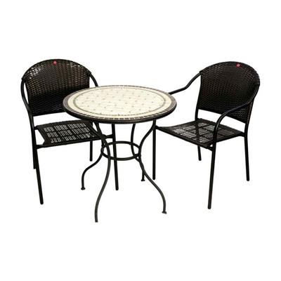 3 PIECE OUTDOOR WICKER AND MOSAIC TABLE BISTRO SET: Charming set of 3 outdoor furniture pieces. The table features mosaic tiles on the top. The faux wicker chairs measure 22 inches in width, 18 inches in depth, and 31 inches in height. The table top is
