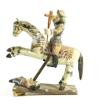 18TH C SANTIAGO MATAMOROS SANTO: Antique 18th C. Spanish Colonial Carved Wood Santo - Santiago Matamoros on his horse. Horse missing a ear. Santiago Matamoros missing his sword.