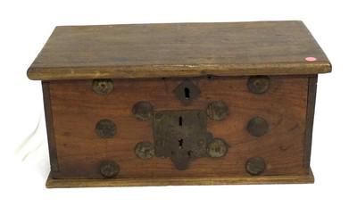 ANTIQUE 18th c SPANISH COLONIAL WOOD CHEST: Antique 18th c Spanish Colonial Chest, Hand forged iron handles, locks and mountings. 22" x 10.5" x 10". PROVENANCE: A Charleston SC Private Collection.