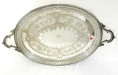 LARGE ANTIQUE ENGLISH SILVERPLATE ARMORIAL HANDLED TRAY: Large English silverplate tray, 19th c., pierced scroll sides with ornate foliate scroll handles, chased tray with Romans and laurel leaf motif, coat of arms with lion crest with shield. Etched Romans
