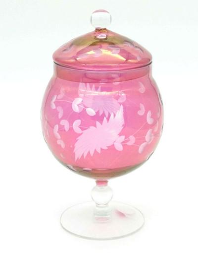 CRANBERRY ETCHED COVERED CANDY: Vintage Flashed Cranberry Floral Etched Footed Compote Glass Candy Dish. 4" wide x 9" tall. Weight 12 oz. PROVENANCE: A Charleston SC Private Estate.