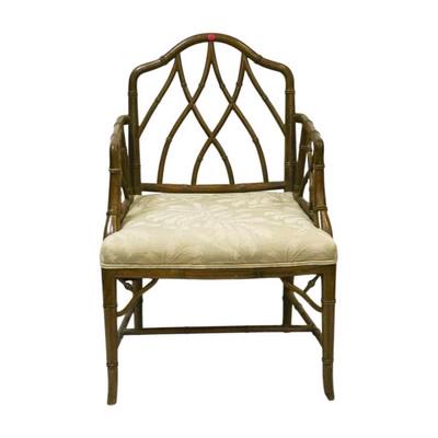 BAMBOO ACCENT CHAIR: Beautiful bamboo accent chair featuring woven green fabric with a matching bamboo pattern. This piece measures 20" in depth, 22.5" in width, and 37" in height. PROVENANCE: The Historic Clelia Peronnea