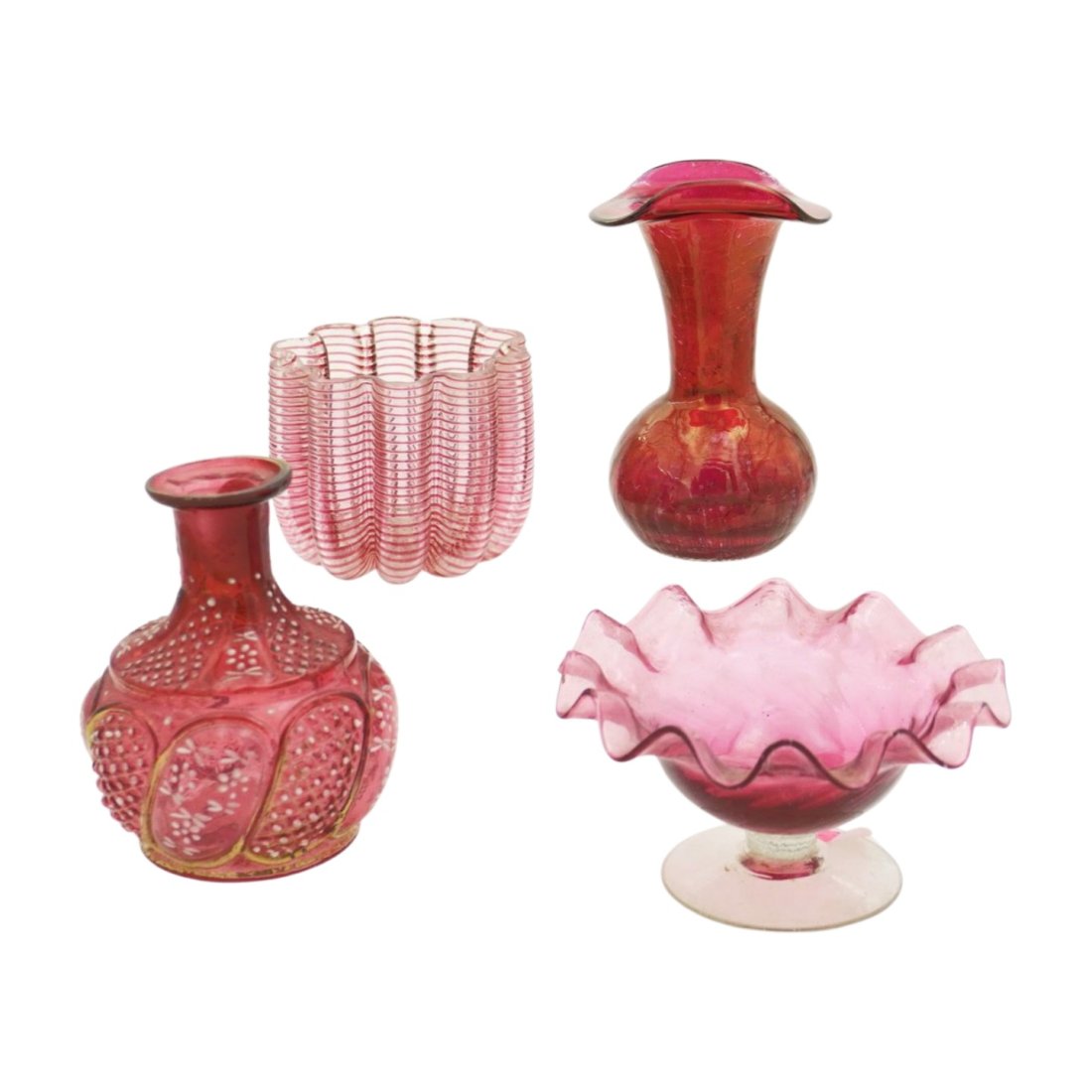 4 pc BLOWN CRANBERRY GLASS: 4 Piece Collectible Vintage Blown Cranberry Glass. Tallest is the Crackle Vase 5". Weight on all 1 pd 12 oz. PROVENANCE: A Charleston SC Private Estate.