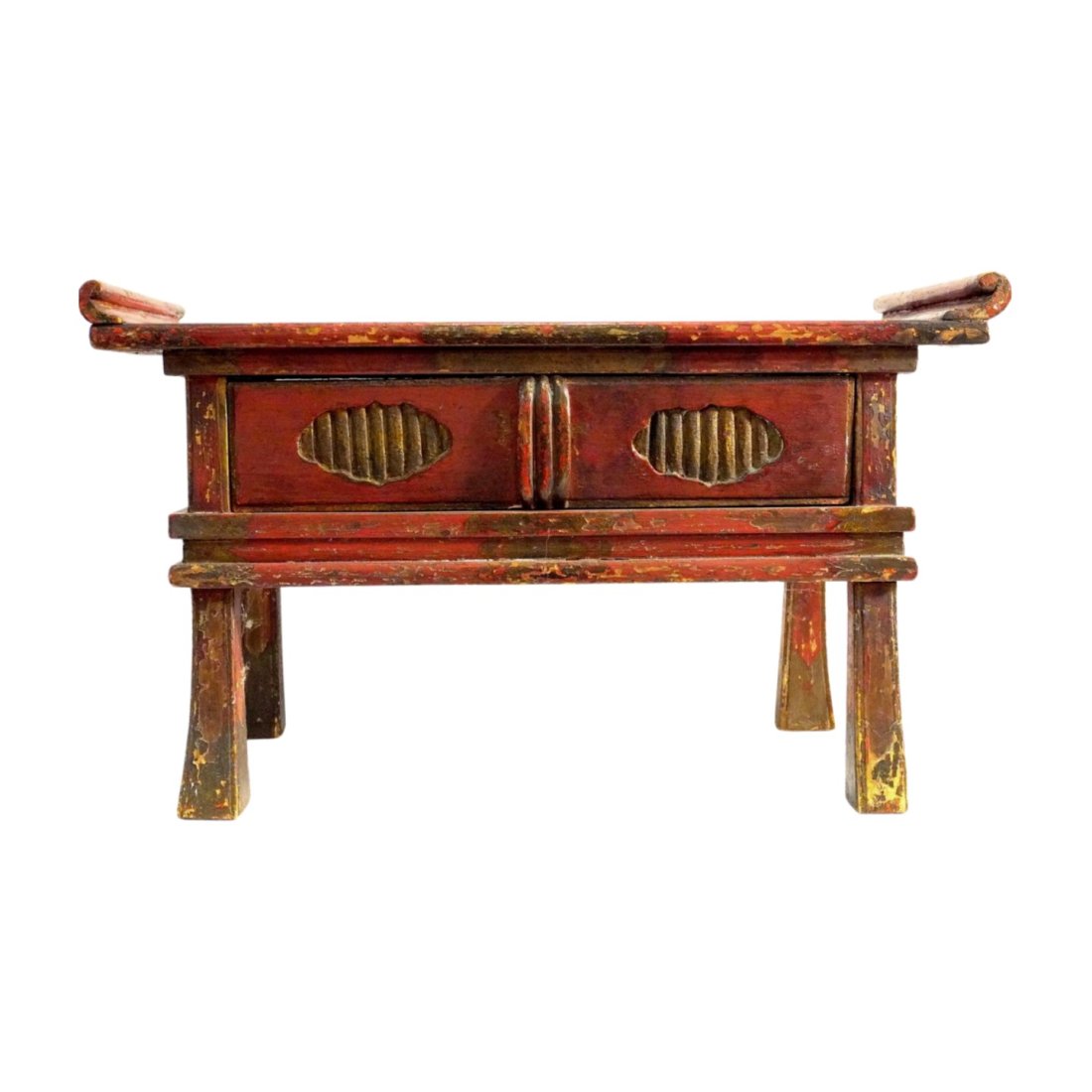 CHINESE PAINTED LOW ALTAR TABLE: Chinese red painted small low altar table. 1 drawer. Measures 24.50"x11.50"x15". Weight 12 pds. PROVENANCE:A Private Charleston SC Collection