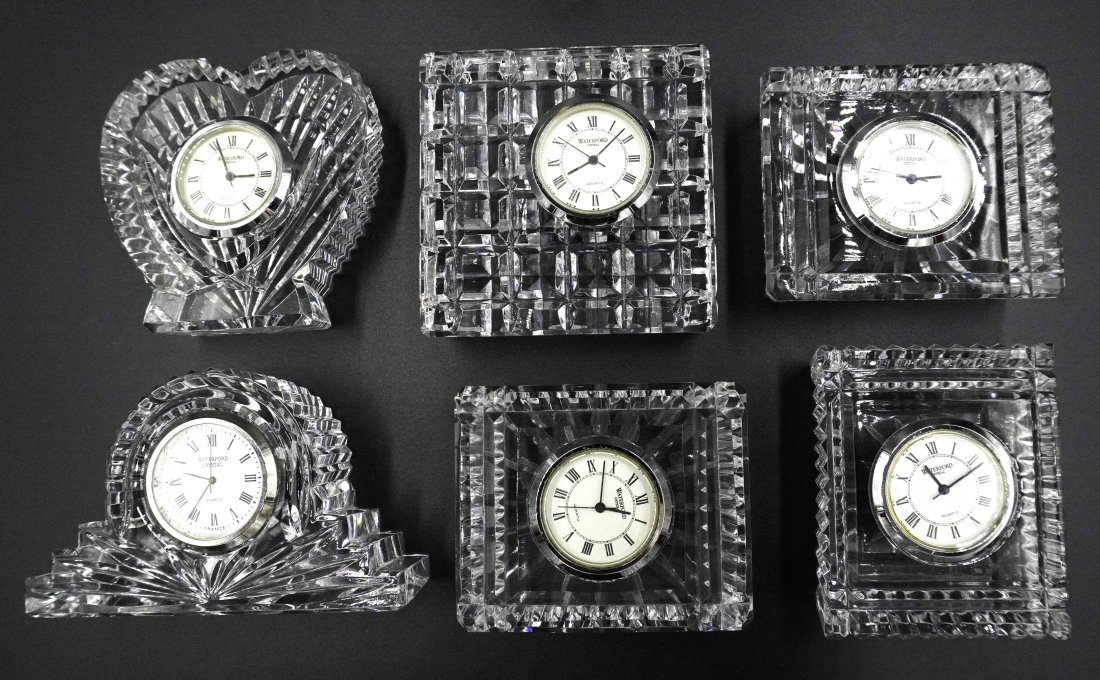 6 WATERFORD CRYSTAL CLOCKS: 6 Waterford Crystal Clocks. All marked. Largest 3"x3"/ Weight on all 5 Pds.