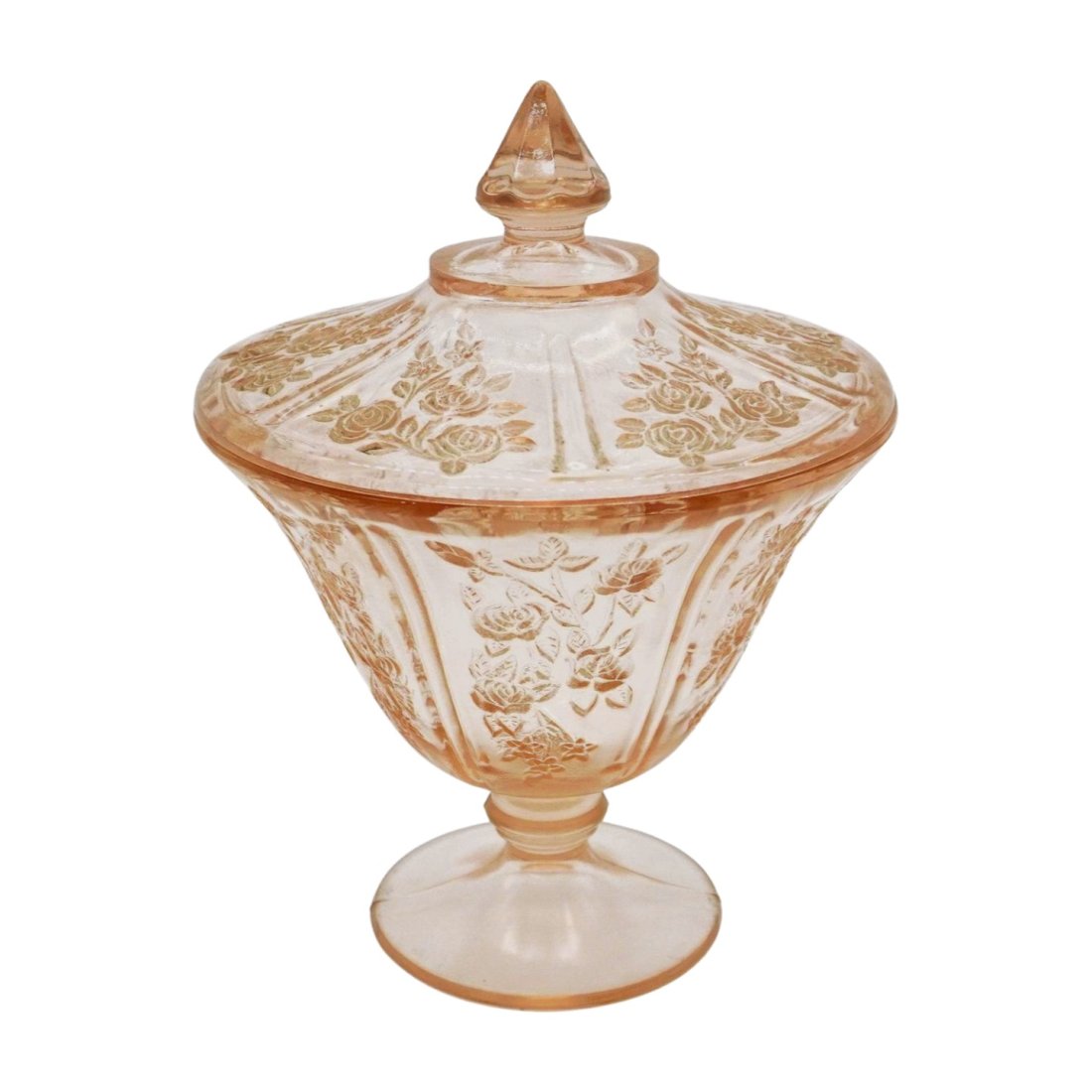 1930s SHARON PINK CANDY DISH: Vintage Sharon Pink Federal Glass Candy Dish / Jar With Lid 1930's. Measures 5 1/2"x8" Weight 1 pd 9 oz. PROVENANCE: A Charleston SC Private Estate.