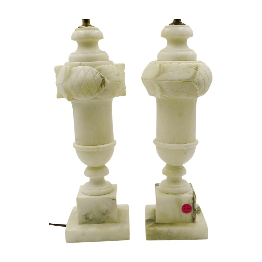 PAIR OF VINTAGE ITALIAN ALABASTER: Pair of Vintage Italian Alabaster Urn Shaped Lamps with Carrera Marble Bases and Alabaster Finials. 19" Lamp 28.25" to top of finial. Weight 20 lbs 10 oz combined. PROVENANCE: A Charleston SC Private