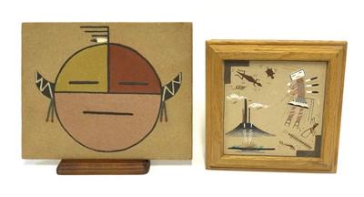 2 NAVAJO SAND PAINTINGS: 2 Navajo Sandpaintings. The first is a trinket box featuring a female rainbow in Monument Valley signed by artist Darlene Johnson. Darlene Johnson is a very popular Navajo sand painter who is currentl