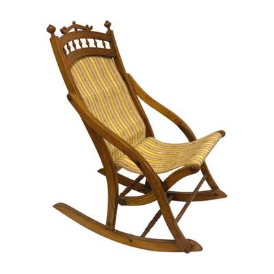 19th c AMERICAN MAPLE FOLDING ROCKING CHAIR: Folding chair, American, circa 1877-1895, maple, with rectangular back topped by cutout scroll with ball finials above curved top rail enclosing gallery of circles and knobbed spindles above upholster