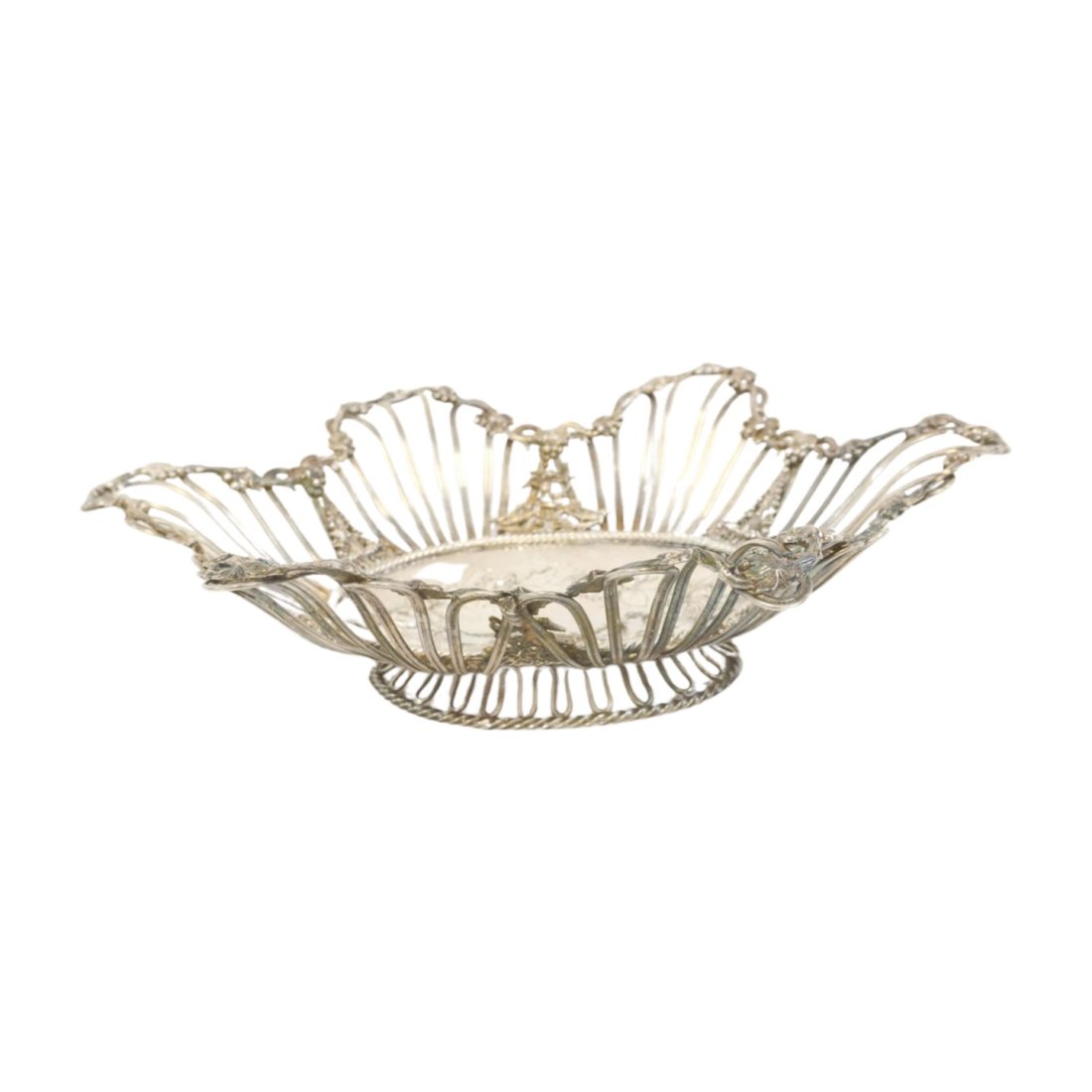 ANTIQUE ORNATE SILVER BREAD BASKET CUPIDS: 19th c Ornate Silver Plated Bread Basket. Cupids, Grapes, Vines and Florals. Monogrammed 12.25"x10"x3.5" Weight 1 pd 3 oz.