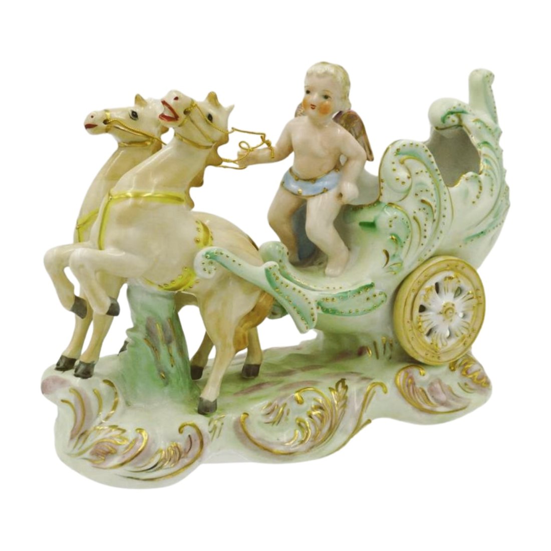 VINTAGE PORCELAIN CHERUB AND CHARIOT: Vintage Porcelain Cherub and Chariot with Horses. Made by Ucagco in Occupied Japan. 9"x4"x6.50". Weight 2 lbs 5 oz.