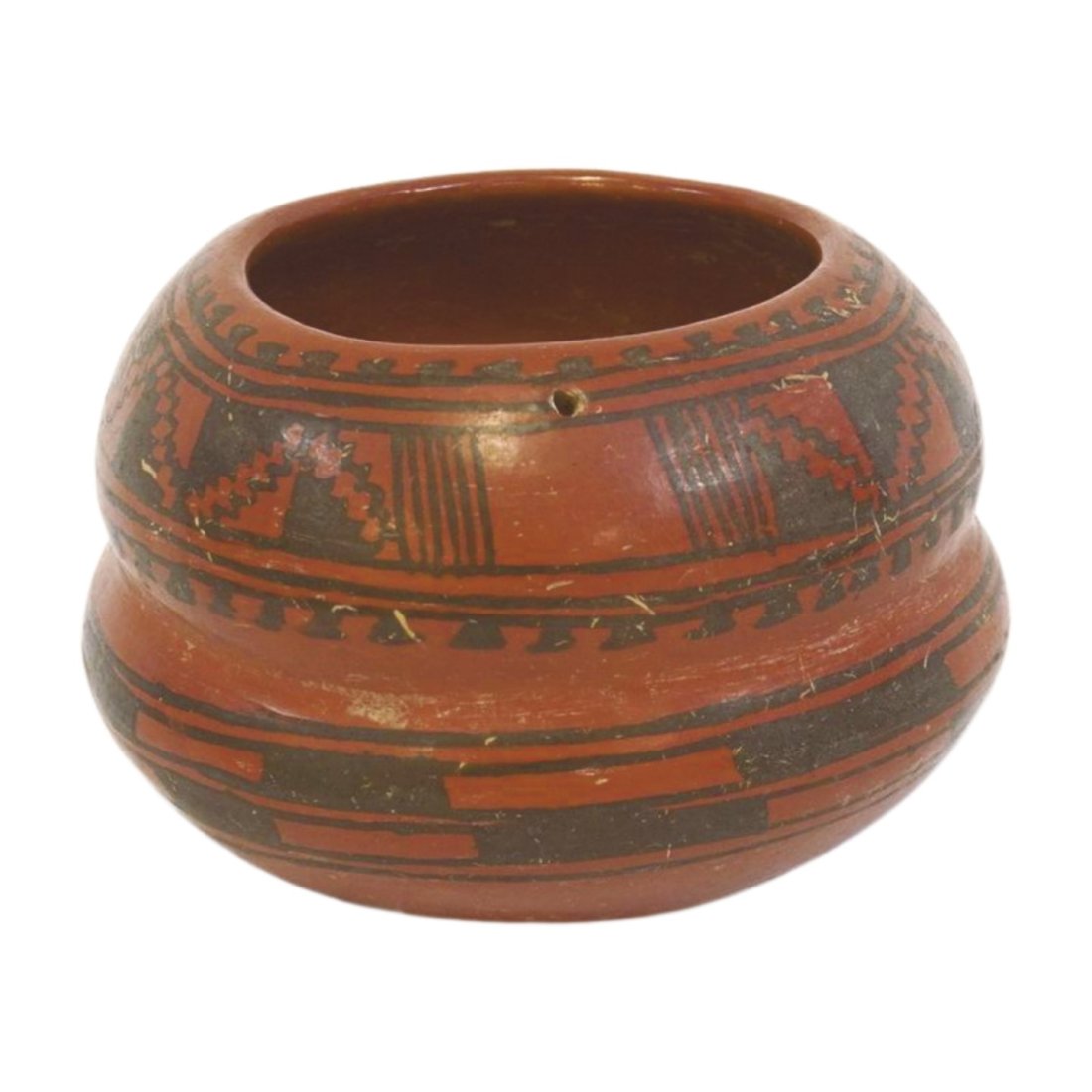 NATIVE AMERICAN SOUTHWESTERN RED CLAY POT: Early to mid 20th c. Native American Southwestern Pot. Some wear, two holes for leather so it could be carried. 6"x6"x5". Weight 1 pd 6 oz. PROVENANCE: A Charleston SC Estate.