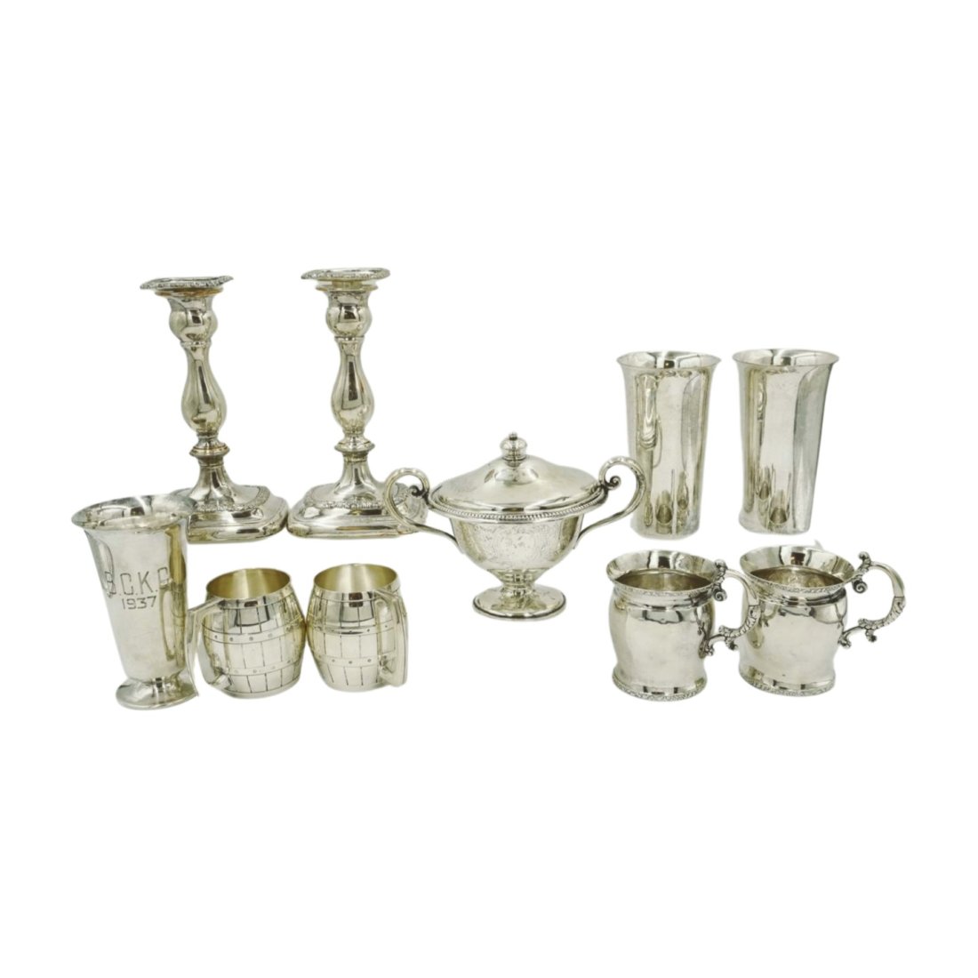 10 pc ANTIQUE & VINTAGE SILVERPLATE: All are Antique or Vintage Silverplate. 1- Weighted Candlesticks 7.5". 2- Two Tall Silverplate Cups 5.25". 3-Two Silverplate Barrel Mugs 3". 4- Two Antique Silverplate Mugs maked GEOFF on the bottom 3