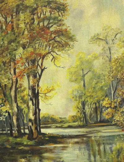 1948 OIL ON CANVAS LANDSCAPE SUE LARNES: 1949 Oil on Canvas Lake Landscape. Signed Sue E. Larnes and dated 1948. Fall trees line the banks of a peaceful lake view. Wood Frame. Measures 33.5"x29.5"x2". Weight 9 pds. PROVENANCE: A Charleston S