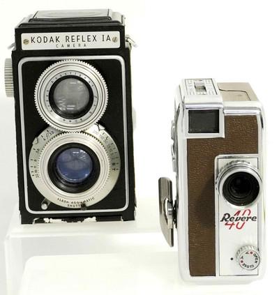 2 VINTAGE KODAK & REVERE CAMERAS: 1- Vintage Kodak RefLex Twin Lens Camera 5.5" . 2- Vintage Revere 40 13mm F1.9 Lens Camera 4.75. Weight 4 pds. PROVENANCE: A Charleston SC Private Estate.