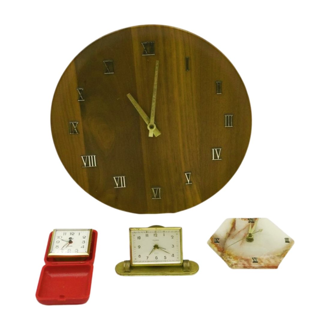 4 VINTAGE CLOCKS MCM KIENZLE +: Kienzle MCM Wood Wall Clock 11.5". Onyx Small Wall Clock 5". Brass Florn Desk Clock, Germany. Sunrise Travel Alarm with red Case 3". Weight on all 3 pds.