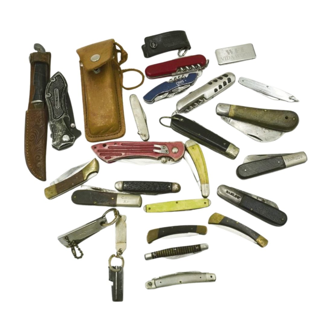 LARGE LOT 21 VINTAGE COLLECTIBLE POCKET KNIVES: All are Vintage. Various sizes and makers. Includes Eagle Brand, Swiss Army, Advertising, Smith & Wesson, Case, Barlow. Mohawk and more. Weight 3 pds.