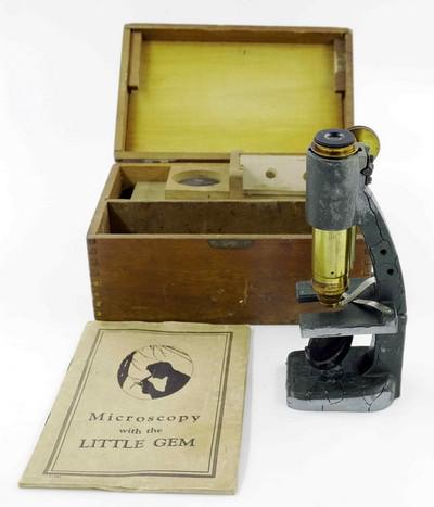 BAUSCH & LOMB LITTLE GEM MICROSCOPE: Antique The Little Gem Microscope with the Original wood case and instructions by Bausch & Lomb. Case 8"x5.5"x4". Weight 4 pds. PROVENANCE: A Charleston SC Private Estate.