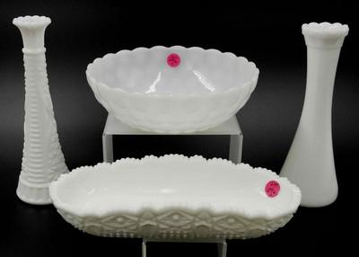 4 PC VINTAGE MILK GLASS BOWLS - VASES: 4 Piece Vintage Milk Glass. 2 Vases both 9". Relish Dish 10.25" long. Bubble Bowl 8.25"x2.75". Weight on all 4 lbs 8 oz.