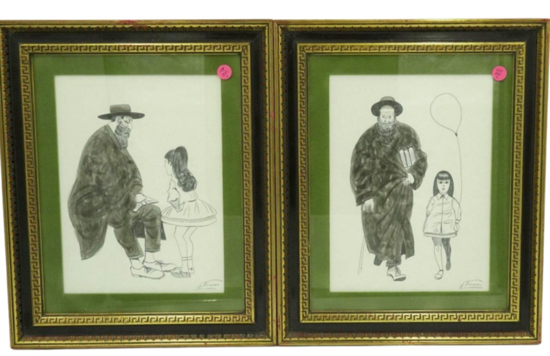 2 HASIDIC PEN & INK A. VARGAS: 2 Black and white pen and ink drawings after New York artist, J Herr, known for his Hasidic characters and humorous subject matter. Signed A. Vargas. Framed 14"x17"x1". 6 pds. PROVENANCE: A Charleston