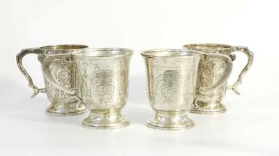 4 SILVER PLATE ETCHED BEER MUGS: 4 Vintage Silver Plate Beer Mugs made by Kapri from India. Hand Etched Floral Pattern.2 matching pairs. Each 6.25"x4.25"x5". Weight 4 pds. PROVENANCE: A Charleston SC Private Estate.