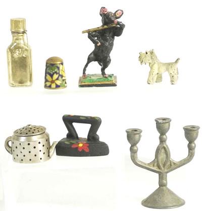 7 pc BRONZE & OTHER MINIATURES: 7 Pc Miniatures. Cold Painted Bronze Musical Pig 2". Vienna Bronze Schnauzer 1.50". Pewter Candelabra, Cloisonne Thimble. Cast Iron iron. Bottle and Tea Pot Strainer. Weight on all 8.5 oz. PROVENANCE: