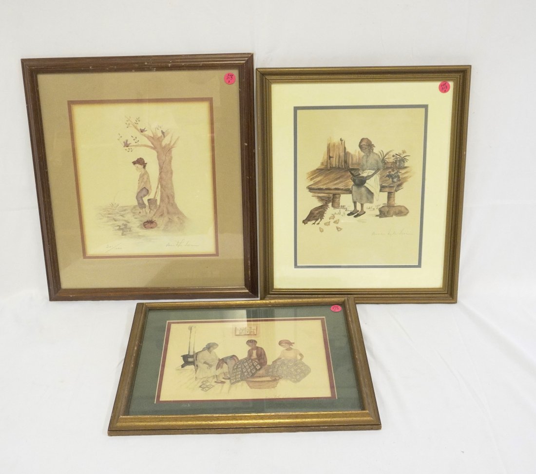 3 PRINTS ANNIE LYLE VISER LOWCOUNTRY ARTIST FRAMED: 1- Women Quilting 15.5"x12/5". 2- Woman on Porch 14"x16.5". 3- Young Boy Fishing 17.5"x15.5". All are pencil signed. All are framed and matted. Weight 7 lbs 7 oz.