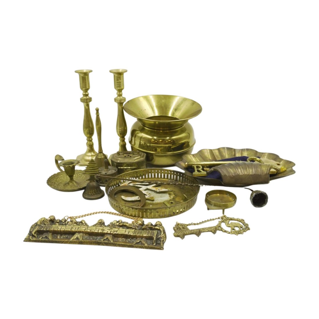 LARGE DEALER LOT BRASS SPITTOON - CANDLESTICKS + MORE: Box Lot of Vintage Brass Items. Includes Candlesticks 8.50", Spittoon and much more. Weight on all 8.65"