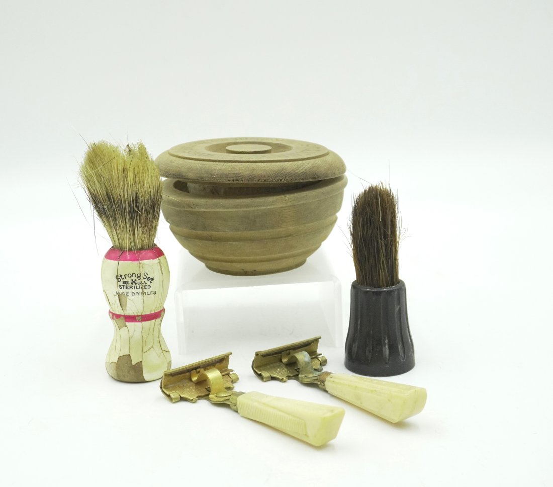 5 pc VINTAGE SHAVING ITEMS RAZORS - BRUSHES: Vintage group of Shaving Items. Including 2 vintage SCHICK EVERSHARP Injector Razor with Bakelite Handle. 2 Vintage Shaving Brushes with natural bristles. Stanleys Lavender Shaving Soap Wood Box and s