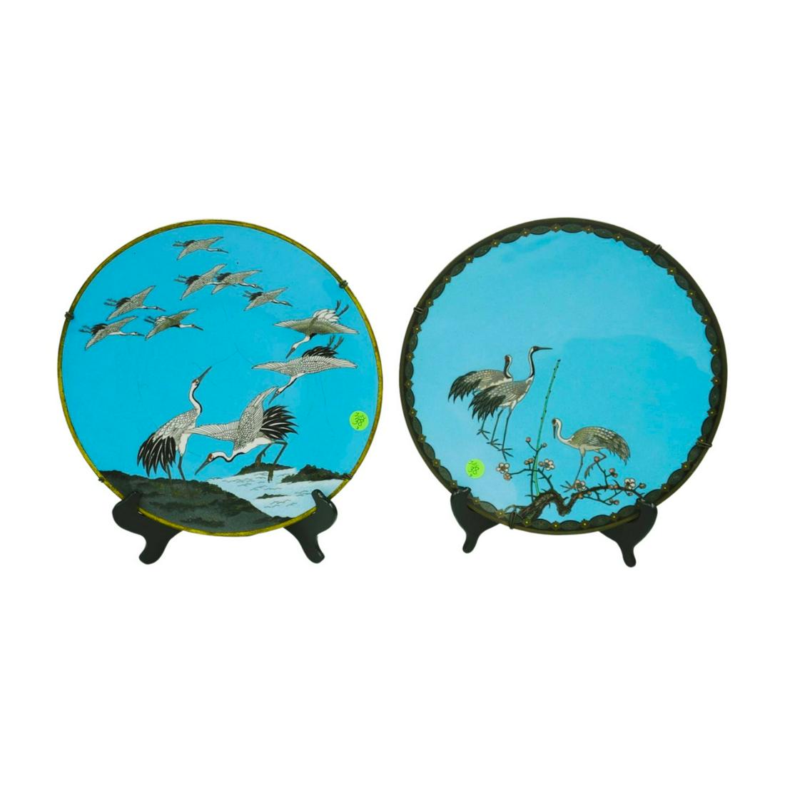 PAIR ANTIQUE MEIJI JAPANESE ENAMELED CLOISONNE CHARGERS: Pair of Antique Meiji Period Japanese Enameled Cloisonne Chargers 12.75"x12.75". Cranes. Weight 5 pds.