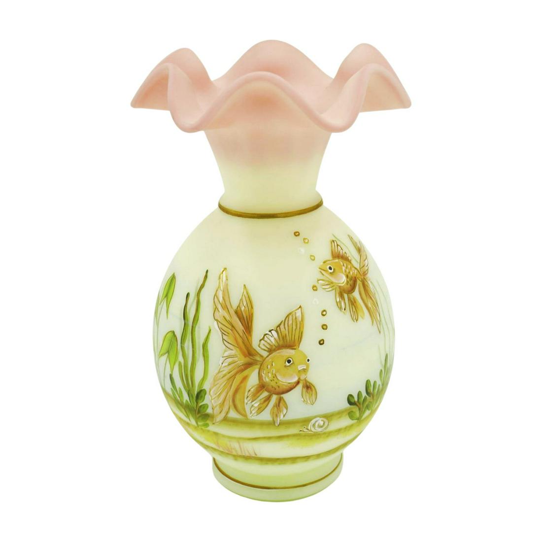 FENTON 2001 CONNOISSEUR" VEIL TAIL HABITAT" VASE: Fenton Satin Burmese "Veil Tail Habitat" Signature Connoisseur Vase. Limited Edition #1123 / 2500.Hand Painted by Fenton Artist Dane B. Fredrick. 5"x5"x9". Weight 1 lb 11 oz. PROVENANCE: The estate of