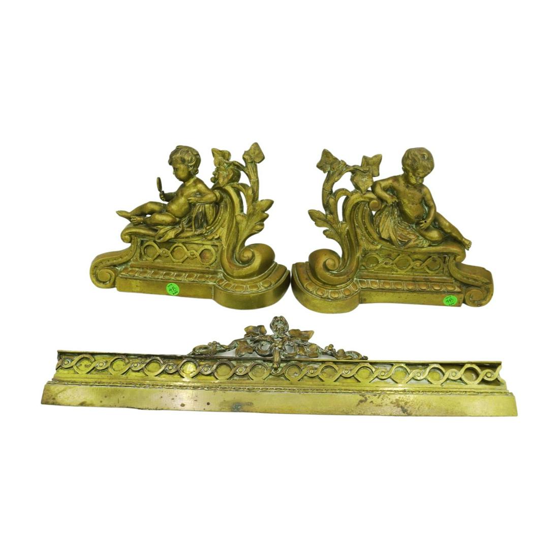 PAIR ANTIQUE FRENCH LOUIS XV GILDED CHERUB ANDIRONS CHENETS W/ FENDER (1 of 4)