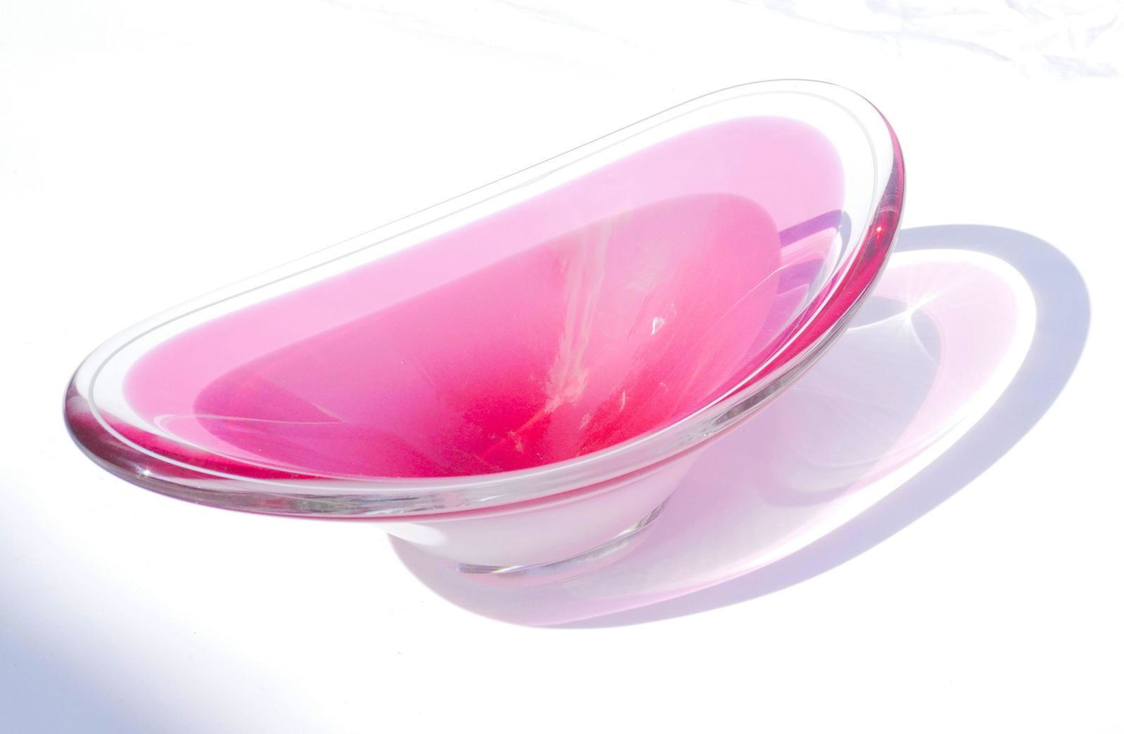 DANISH MODERN 1957 FLYGSFORS COQUILLE BOWL: Mid Century Flygsfors "Coquille" Glass Bowl. Mid Century designed by Paul Kedelv, signed and dated 57. 13"x7 1/2"x4 1/2". Weight 5 lbs 6 oz.