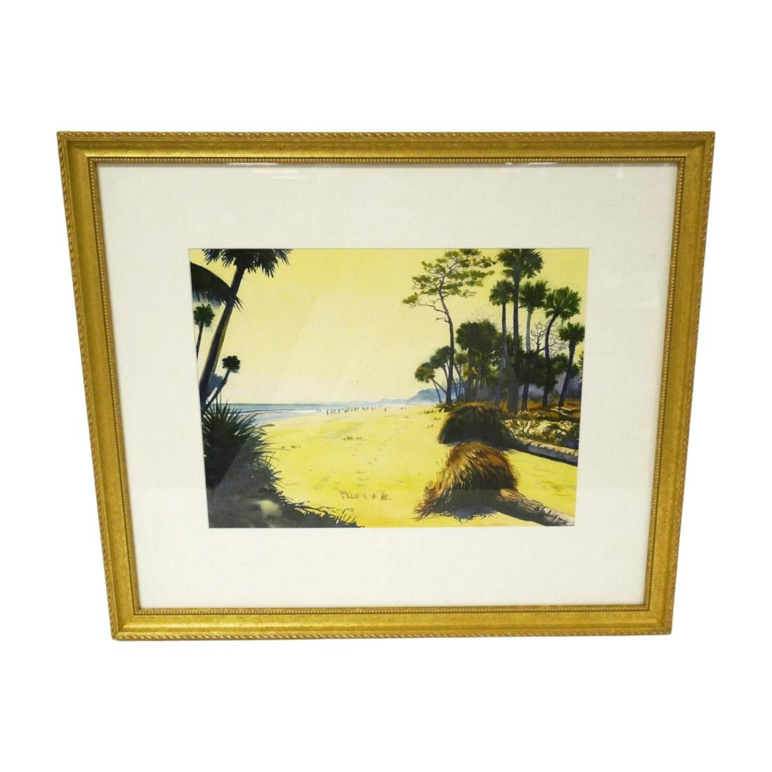 JOHN HULSEY ORIGINAL LOWCOUNTRY BEACH WATERCOLOR: John Hulsey (KS, b. 1953) Original Watercolor "Lowcountry Beach". Professionally framed and matted. In frame 25"x22"x1.2%". Weight 5 lbs 12 oz. John Hulsey is an accomplished artist, author and teache