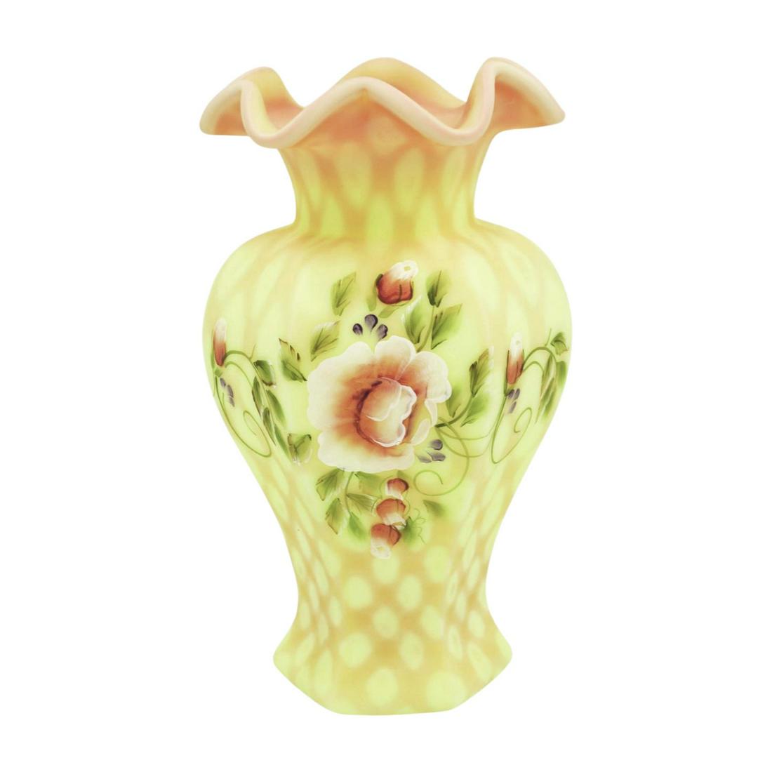 FENTON ART GLASS BURMESE BILL FENTON VASE GLOWS (1 of 7)