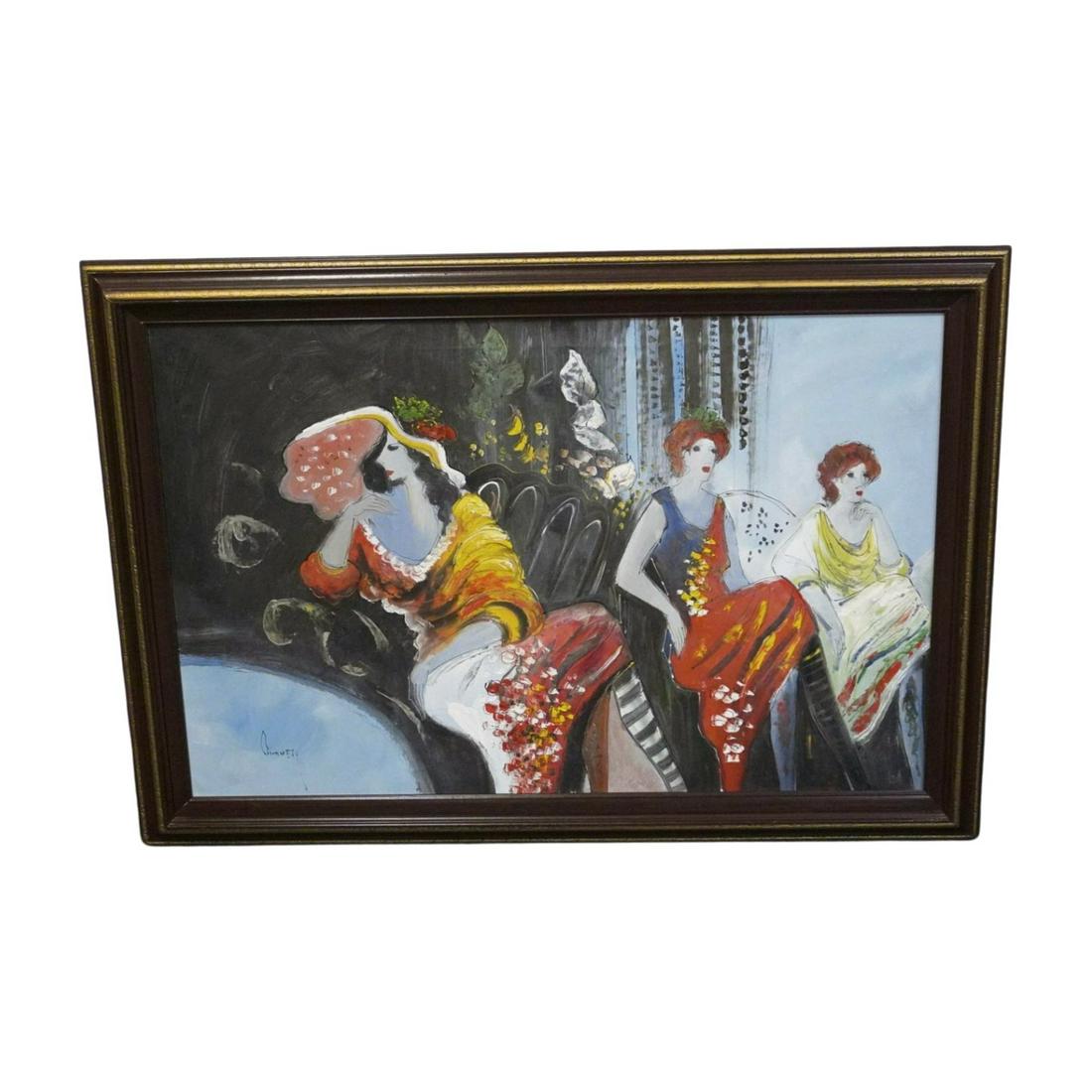 ORIGINAL TRIO OF LADIES ACRYLIC ON CANVAS: Original Trio of Ladies Acrylic on Canvas, in the manner of Itzchak Tarkay. Signed, signature illegible. Framed measures 41"x29,5"x1.5". Weight 7 pds.