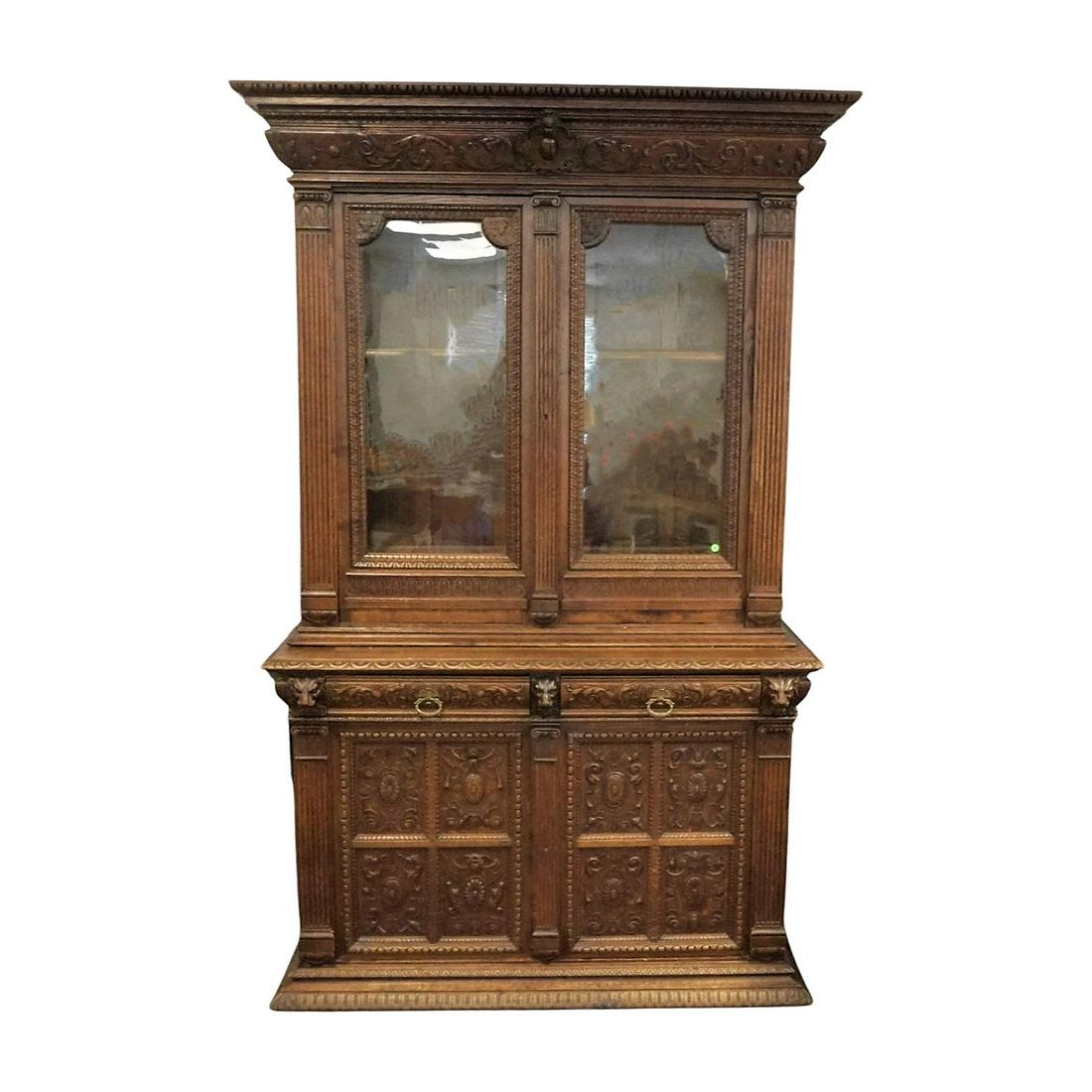 ANTIQUE TWO PIECE CARVED ENGLISH OAK BOOKCASE CABINET (1 of 9)