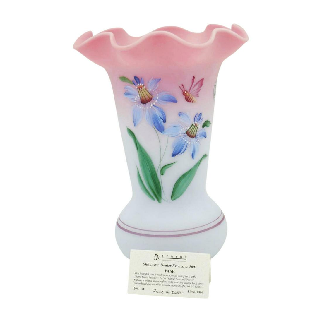 FENTON ART GLASS BLUE BURMESE VASE DESIGNED BY SPINDLER HONOR COLLECTION 2001 (1 of 6)