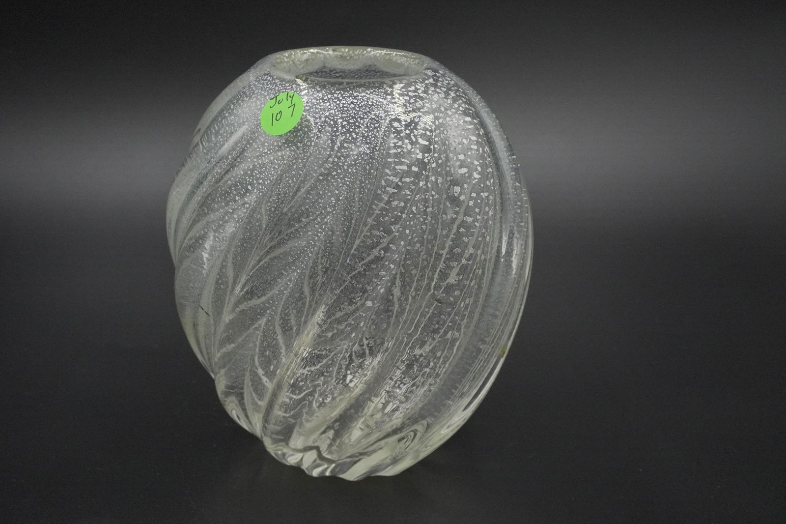 LARRY LASLO VINTAGE SILVER AVENTURINE VASE: 1980's Larry Laslo designed for Mikasa blown art glass silver aventurine vase. 6"x4.25"x7.25". Weight 3 lbs 2 oz.