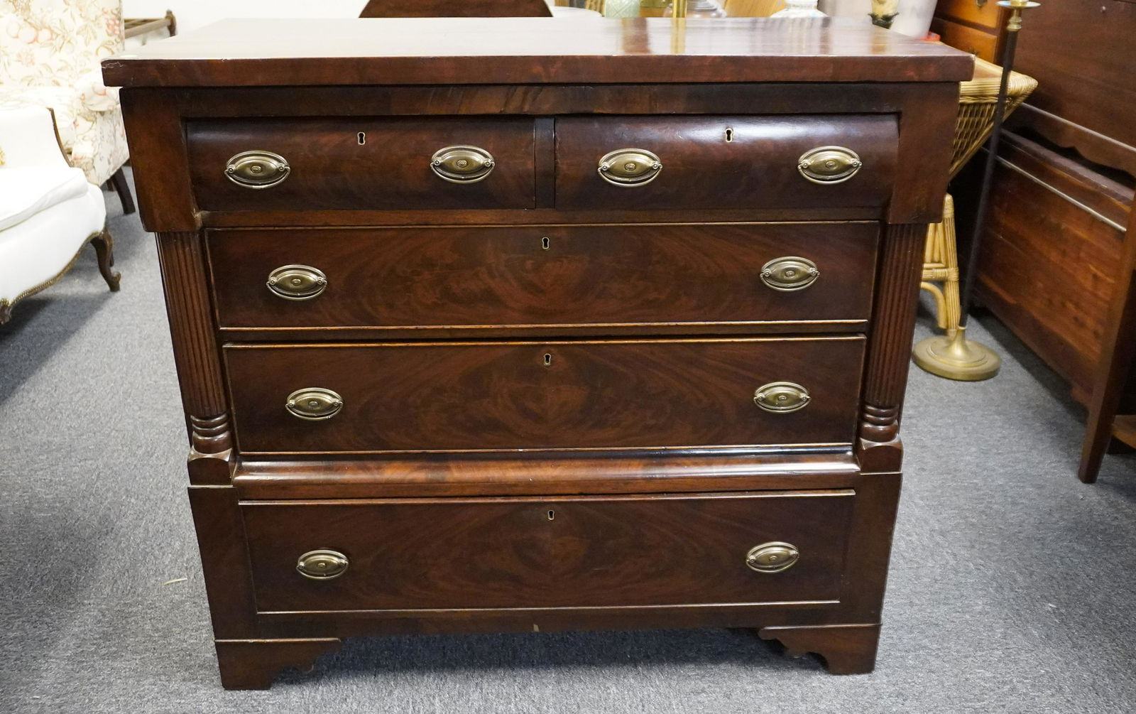 19th c FLAME MAHOGANY 5 DRAWER CHEST (1 of 4)