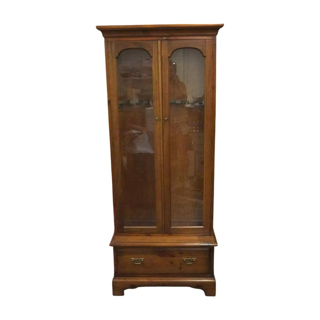 OAK GLASS FRONT GUN CABINET: Oak Gun Cabinet 2 Glass Doors over 1 Drawer. 13.5"x25"x67".