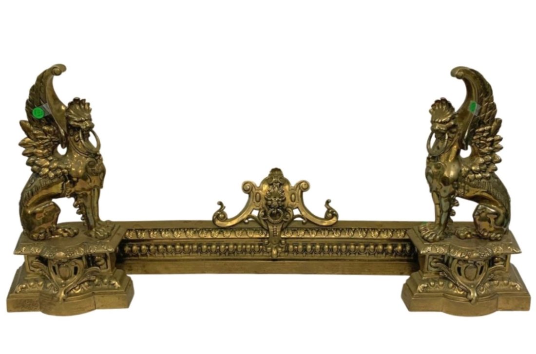 ANTIQUE FRENCH BRASS WINGED GRIFFINS CHENETS & FENDER (1 of 4)