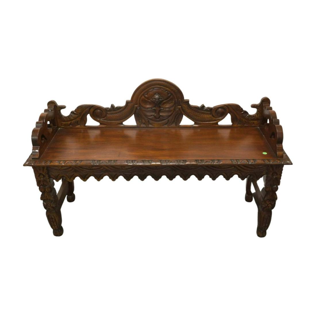 CARVED MAHOGANY WOOD BENCH (1 of 6)
