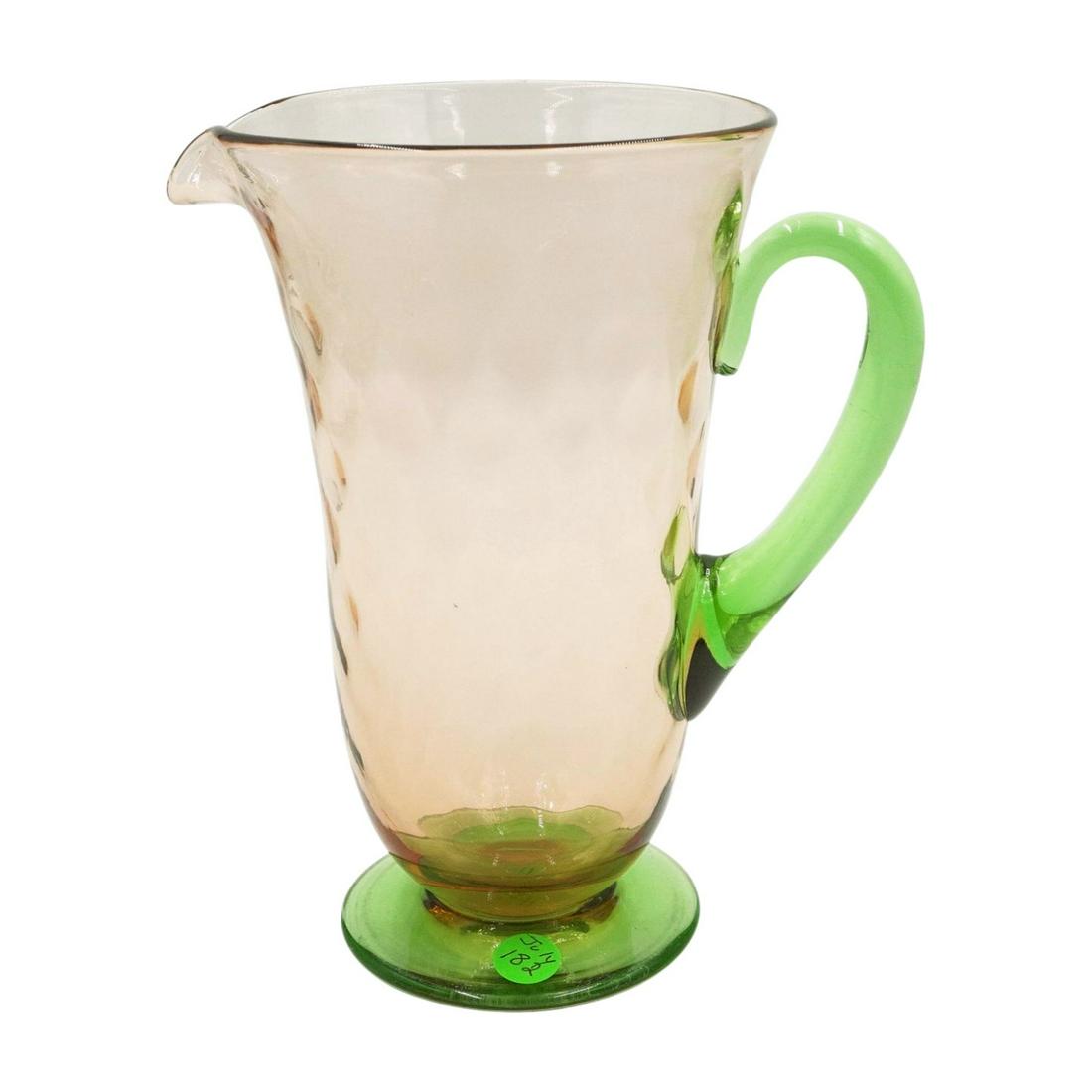 TALL TIFFIN WATERMELON URANIUM PITCHER: Tiffin Watermelon Diamond Optic Pitcher in the hard to find tall size. Glows. 8"x6"x9.5". Weight 3 lbs 3 oz. PROVENANCE: The estate of a Charleston SC Fenton Dealer and noted Glass Collector.