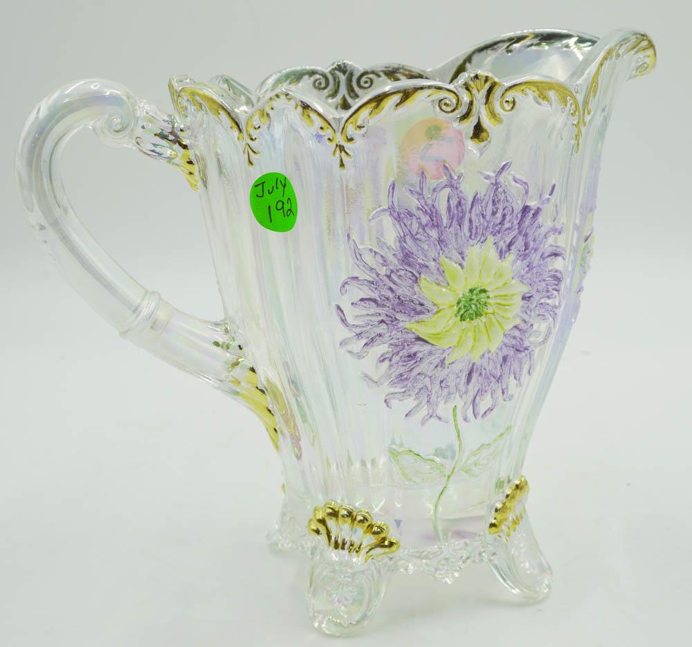 MOSSER GLASS IRRIDESCENT DAHLIA PITCHER: Vintage Mosser Glass Irridescent "Dahlia" Pitcher. 9"x6"x8". Weight 3 pds 8 oz.PROVENANCE: The estate of a Charleston SC Fenton Dealer and noted Glass Collector.