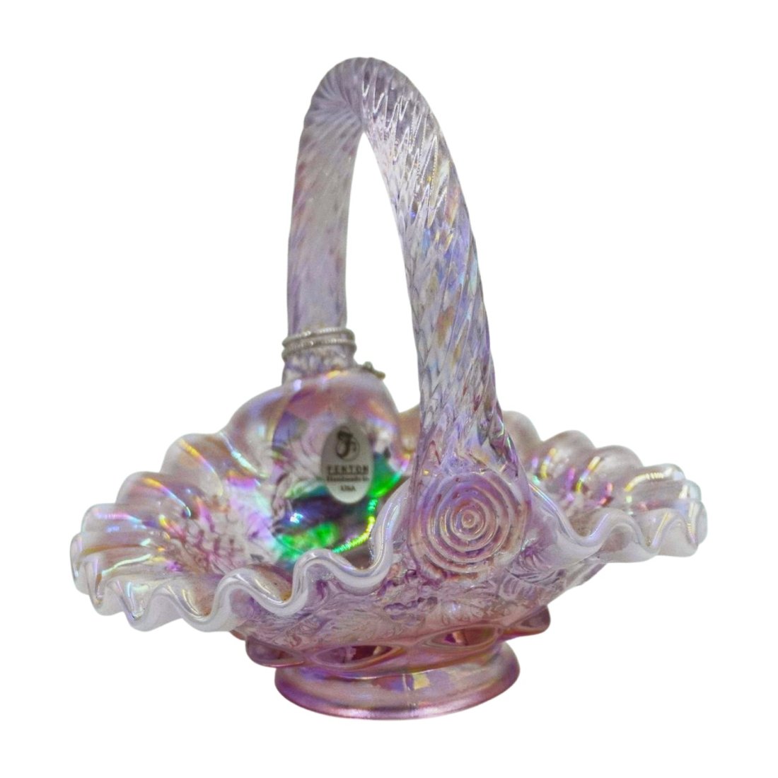 VINTAGE FENTON ART GLASS PINK OPALESCENT BASKET: Vintage Fenton Art Glass Pink Opalescent Basket. 5,5"x4.5"x6". Weight 14 oz. PROVENANCE: The estate of a Charleston SC Fenton Dealer and noted Glass Collector.
