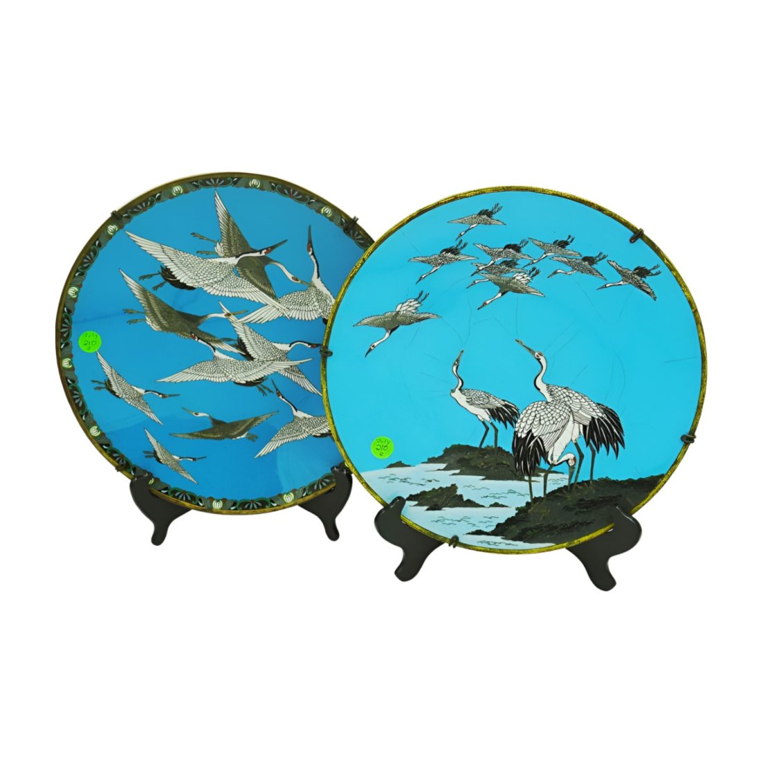 PAIR ANTIQUE MEIJI JAPANESE ENAMELED CLOISONNE CHARGERS: Pair of Antique Meiji Period Japanese Enameled Cloisonne Chargers 12.75"x12.75". Cranes. Weight 5 pds.