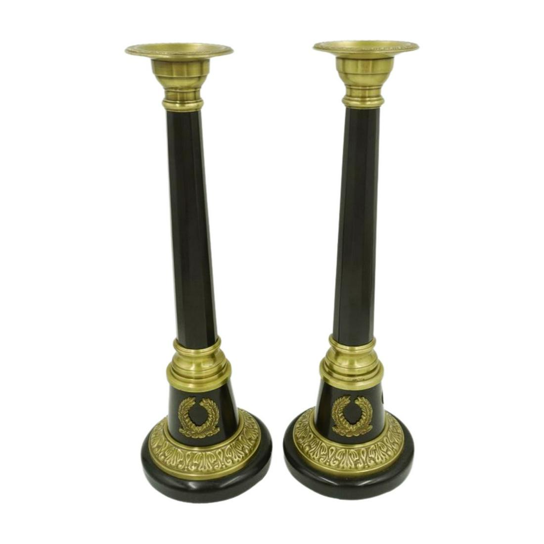 PAIR BLACK AND GOLD NEOCLASSICAL ROMANESQUE CANDLESTICKS (1 of 5)