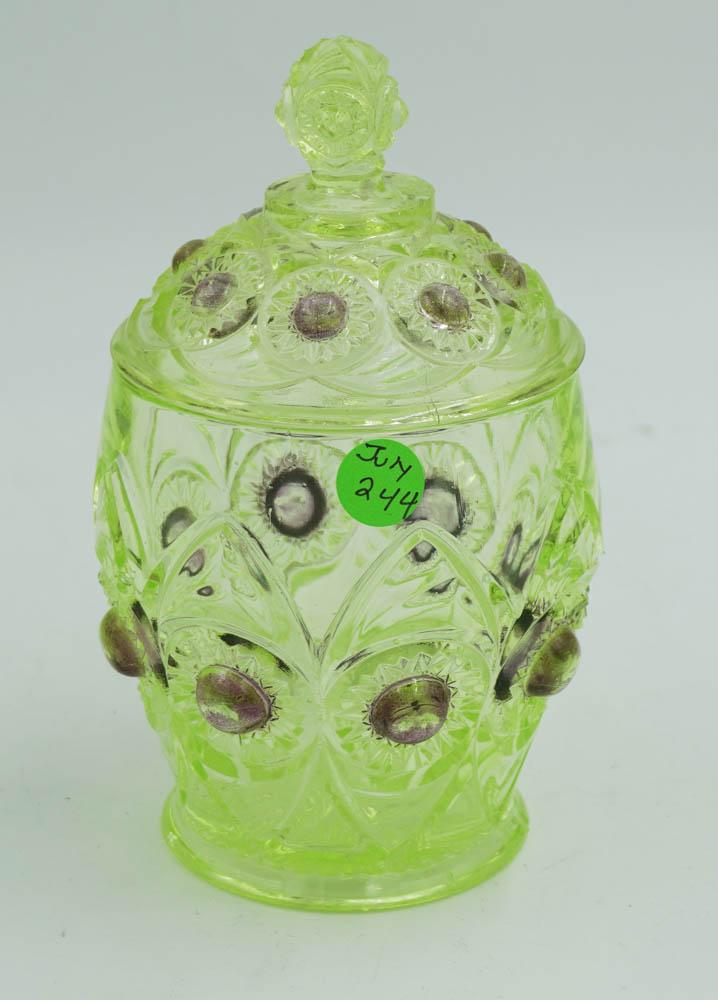ANTIQUE VASELINE COVERED CANDY: Antique Vaseline Jeweled Sunburst Covered Candy. Strong Glow. Measures 4"x8". Weight 1 pd 13 oz. PROVENANCE: A Charleston SC Private Estate.