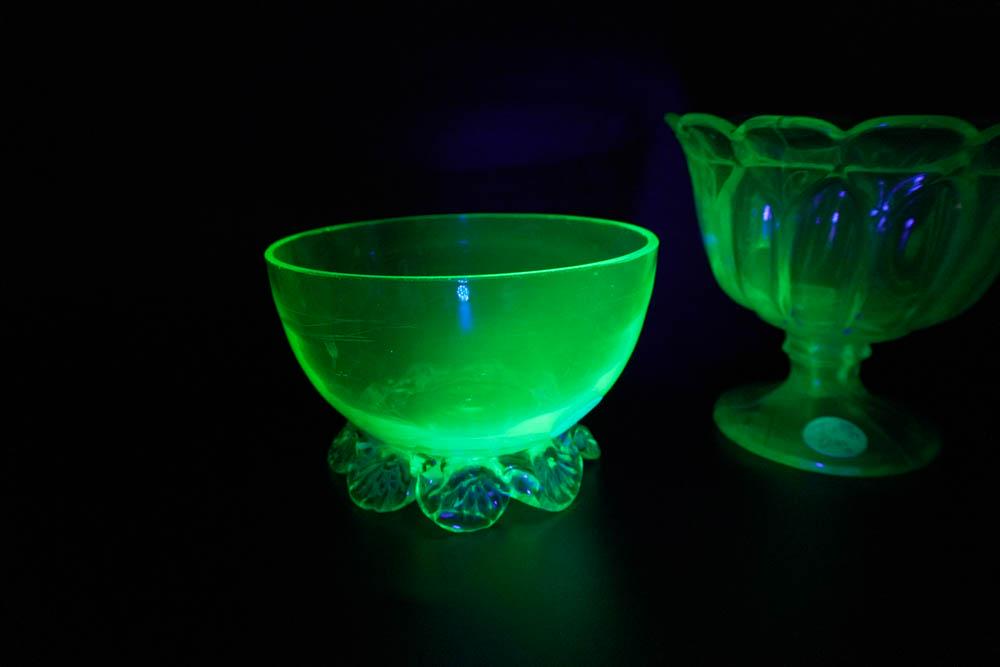 2 VASELINE OPEN & COVERED CANDY BOWLS: Antique Webb Vaseline Open Bowl with Applied Petal Feet, 4 1/2"x3. Vaseline Covered Candy 5"x6 34" Weight combined 3 lbs 2 oz. PROVENANCE: A Charleston SC Private Collection